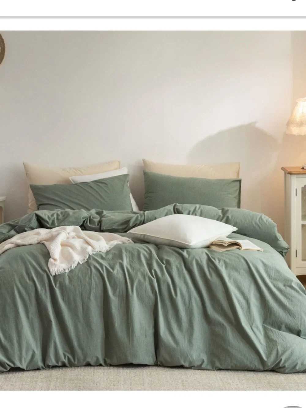 TWIN SIZE Duvet Cover Set - 100% Washed COTTON Linen-Like - GREEN